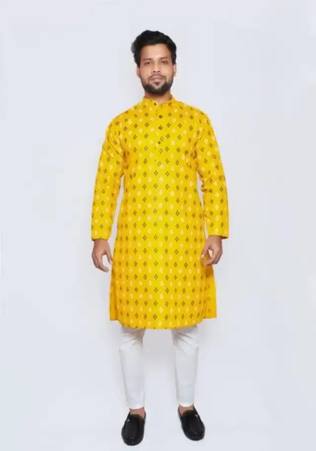 Cotton Printed Full Sleeves Kurta with Pyjama for Men (Yellow, L)