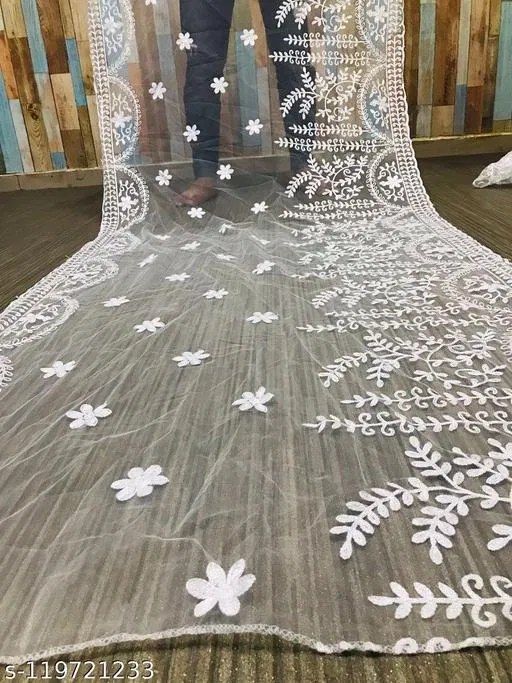 Floral Chikankari Net Dupatta for Women (White, Free Size)
