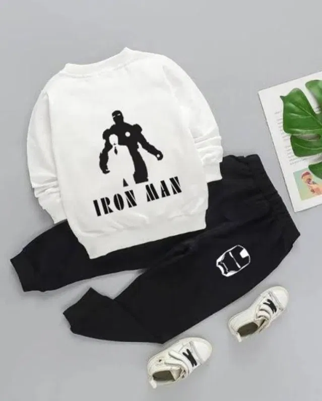 Hosiery Printed Clothing Set for Kids (White & Black, 18-24 Months)