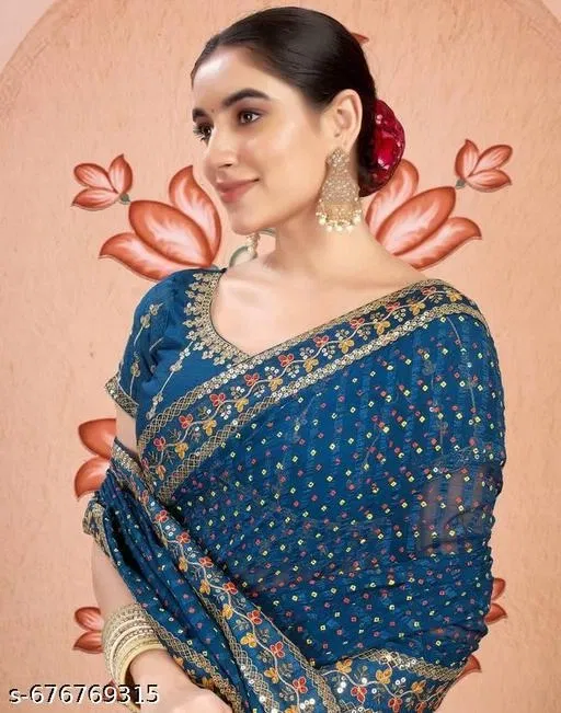 Georgette Embellished Saree For Women, Blue