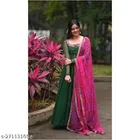 Georgette Solid Gown with Dupatta for Women (Green & Pink, S)