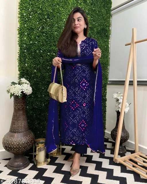 Bandhani Printed Rayon Kurta Set for Women (Blue, XL)