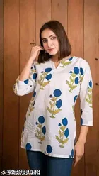 Rayon Printed Short Kurti for Women, White 