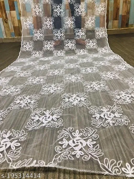 Floral Embroidered Net Dupatta for Women (White, Free Size)
