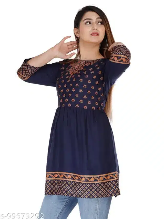 Anarkali Rayon Printed Kurti for Women (Navy Blue, XL)