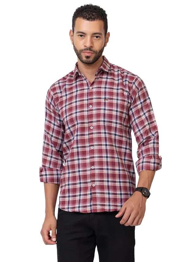 Cotton Blend Checkered Shirt for Men, Maroon (M)