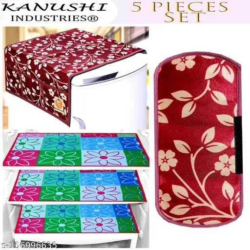 KANUSHI Industries® 1Pc Fridge Cover for Top with 6 Utility Pockets + 1 Handles Covers + 3 Fridge Mats (FRI-MAROON-RAJ+1-HANDLE+M-28)