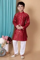 Dupion Silk Embellished Kurta with Payjama for Boys, Maroon & White 