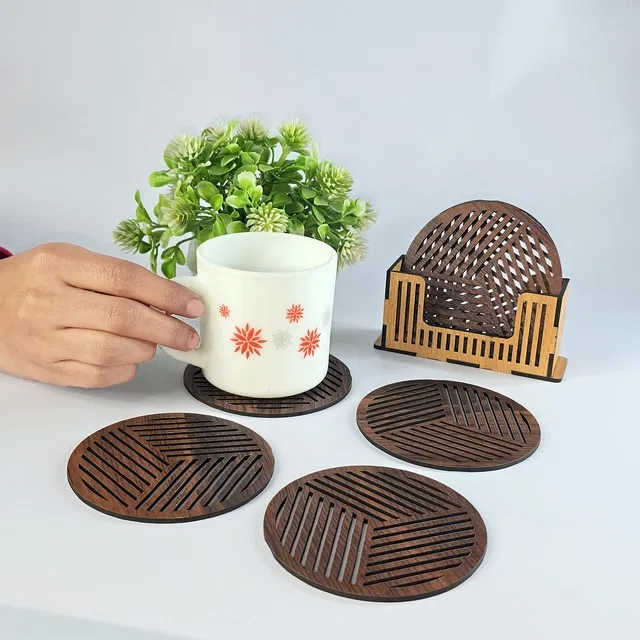 MDF Wooden 6 Pcs Coasters with Stand (Brown, Set of 1)