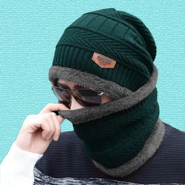 Woolen Cap with Neck Warmer for Men & Women (Green, Set of 1)