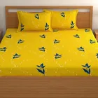Poly Cotton Elastic Fitted Bedsheet with 2 Pillow Cover Floral Yellow & Leaf Cream Print Pack of 2