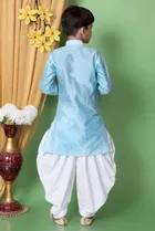 Dupion Silk Embellished Kurta with Dhoti for Boys, Sky Blue & White 