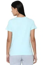 Cotton Blend Printed T-shirt for Women, Aqua Blue 