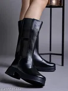 Shoetopia Solid Synthetic Block Heeled Boots Black 