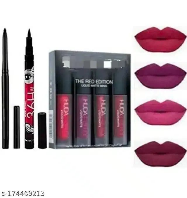 Combo of ADS Kajal with Eyeliner & 4 Pcs Waterproof Liquid Lipsticks (Multicolor, Set of 3)