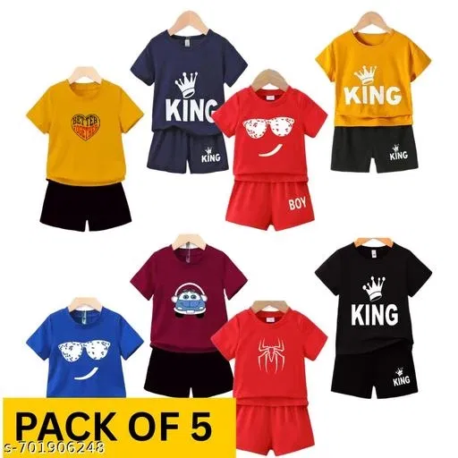 Cotton Blend Printed Clothing Set for Boys, Multicolour, Pack Of 5 (0-1 Months)