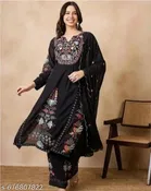 Georgette Embroidered Kurta & Paint & Dupatta Set For Womens, Black 