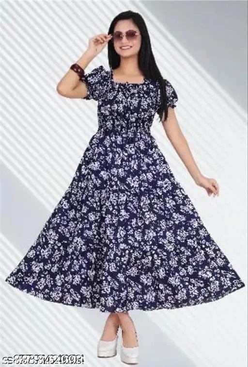 Sleeveless Printed One Piece Dress (Blue, L)