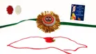 Synthetic 2 Pcs Rakhi with Greeting Card & Roli Chawal 