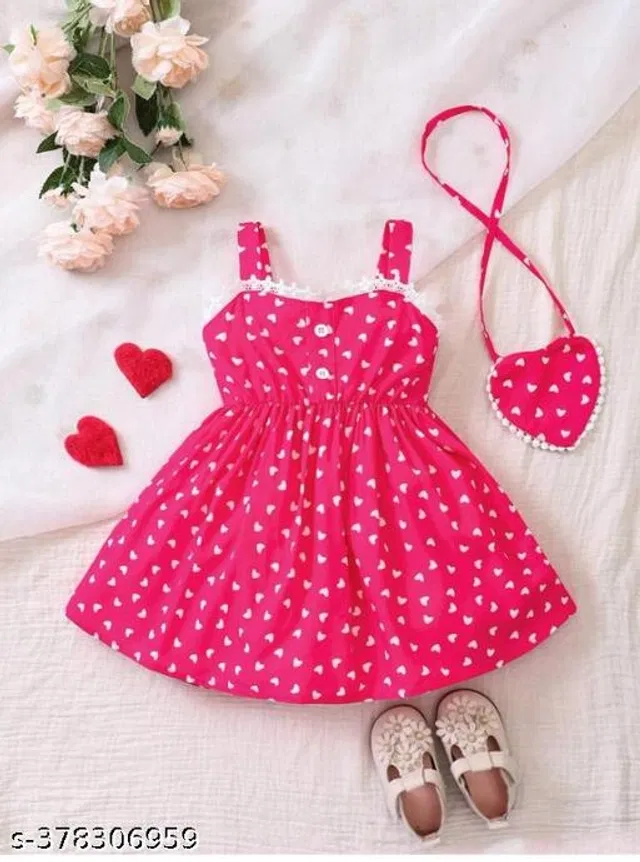 Cotton Frock with Sling Bag for Girls (Dark Pink, 0-1 Years)