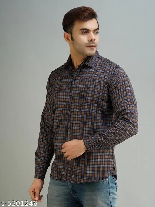 Cotton Blend Printed Shirt for Men, Brown (L)