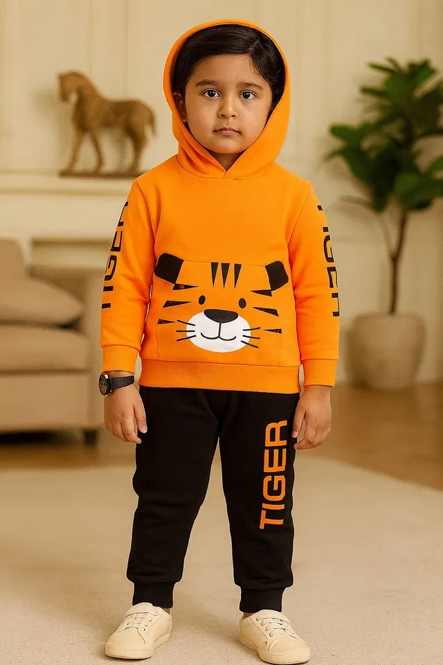 Cotton Blend Printed Clothing Set for Boys (Orange, 2-3 Years)