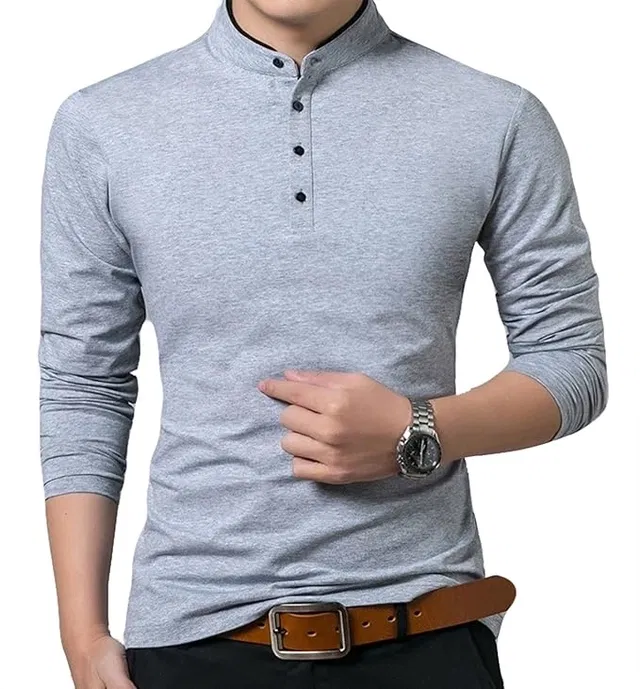Cotton Blend Mandarin Collar Solid T-Shirt for Men (Grey, XL)