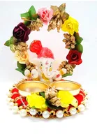 Metal Decorative Ganpati Haldi Kumkum Stand with 2 Roli Chawal Holder, Multicolor