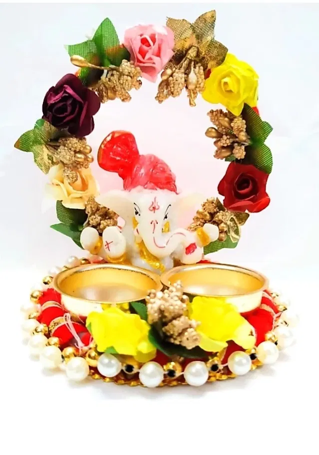 Metal Decorative Ganpati Haldi Kumkum Stand with 2 Roli Chawal Holder, Multicolor