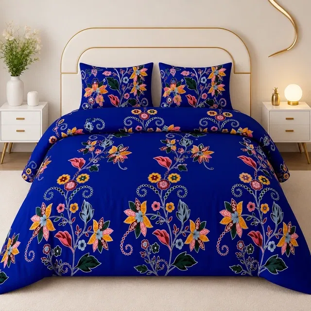 सिंपल होम लीफ डबल बेडशीट नेवी ब्लू 82x88inch