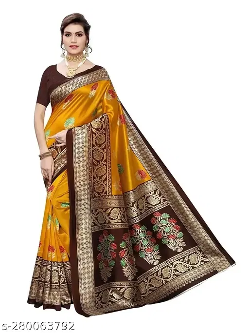 Art Silk Jacquard Print Saree for Women (Yellow)