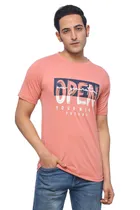 Round Neck Printed T-Shirt for Men (Coral, M)