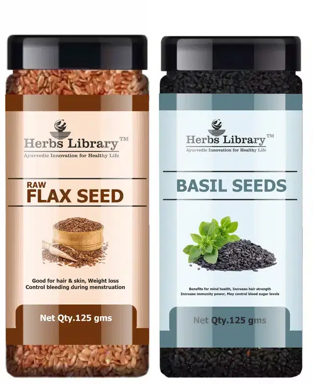Herbs Library Raw Flax and Basil Seeds (Pack of 2, 125 g)
