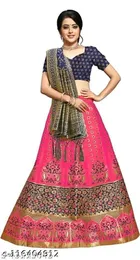 Silk Printed Semi Stitched Lehenga Choli with Dupatta for Women (Blue & Peach, Free Size)