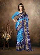 Art Silk Printed Saree for Women, Blue 