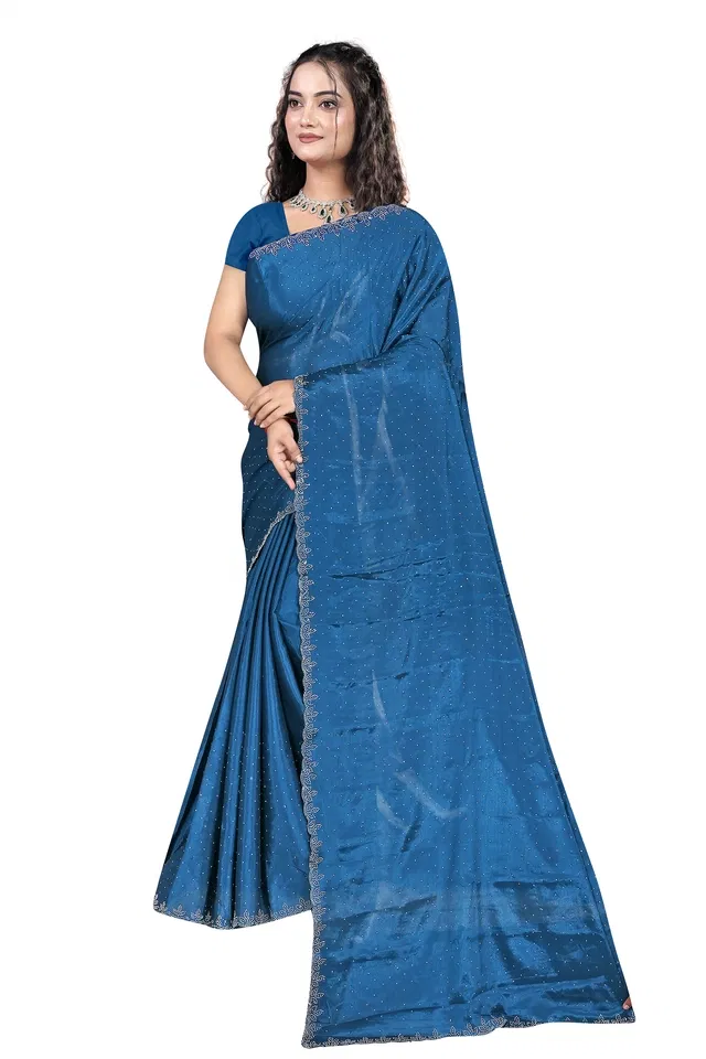 Crepe Solid Saree for Women, Blue (6.3 m)