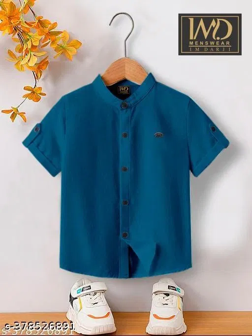 Solid Cotton Blend Mandarin Neck T-Shirt for Boys (Teal, 8-9 Years)