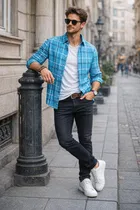 Cotton Blend Checkered Shirt for Men, Sky Blue 