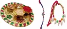 Combo of Metal Rakhi, 4.5 inch Plate, Chocolate, Greeting Card & Roli Chawal 