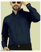 Cotton Blend Solid Shirt for Men, Navy Blue 