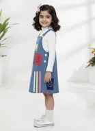 Silk Denim Printed Frock For Girls, White & Blue 