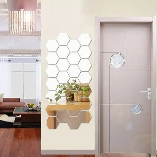 Acrylic Hexagon Shaped Wall Mirror Stickers (Silver, Pack of 28)
