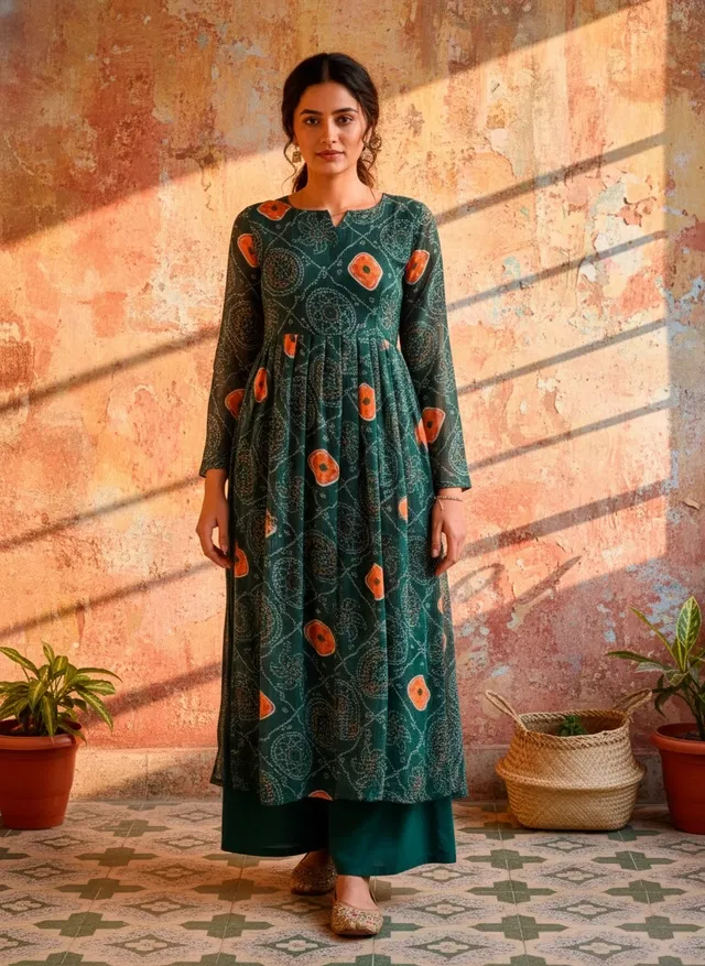Bindu Bandhej Naira Kurti for Women (Green, L)