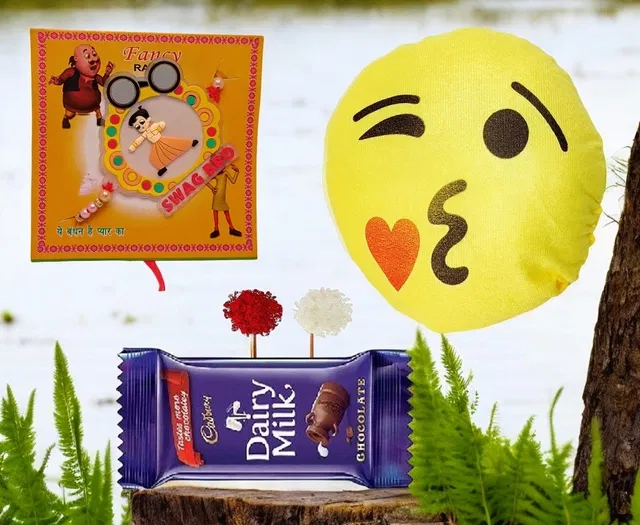 Synthetic Rakhi with Smiley Pillow & Chocolate, Greeting card (Multicolor, Set of 1)