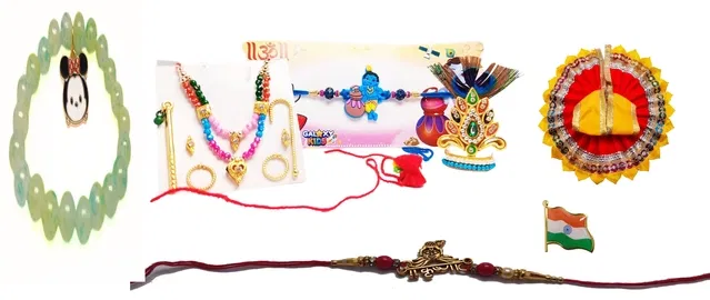 Combo of Synthetic 3 Pcs Rakhi, Ladoo Gopal Singar Dress, Flag Badge & Bracelet (Multicolor, Set of 1)