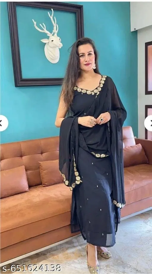 Georgette Solid Kurta & Paint & Dupatta Set For Womens, Black (XL)