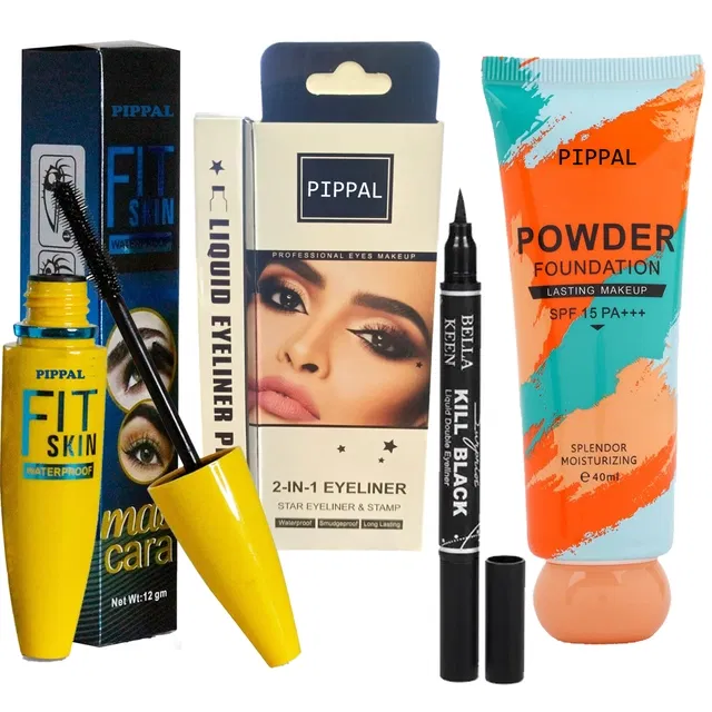 Pippal Orange Tube Powder Fondation (40 ml) with Fit Skin Mascara (12 ml) & Eyeliner (Set of 3)