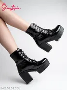 Shoetopia Solid Patent Leather Block Boots Black 