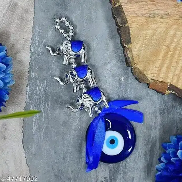 Three Elephant Evil Eyes Wall Hanging (Blue)