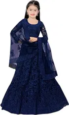 Net Embroidered Semi Stitched Lehenga for Girls 